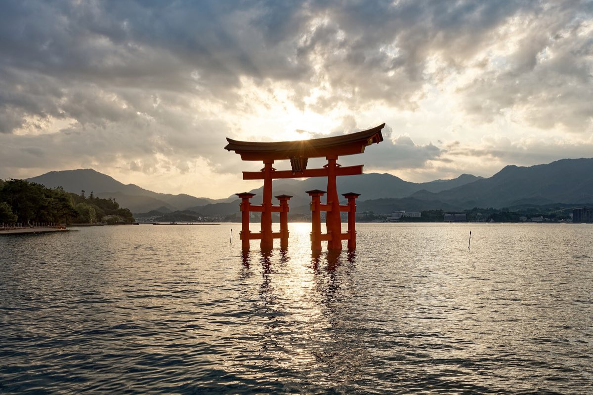 The Great Torii of Itsukushima Shrine at sunset